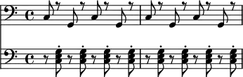 {\clef bass<<{\set Staff.midiInstrument=#"muted trumpet"\repeat unfold4{c8r g,r}}\\\new Staff\with{midiInstrument="muted trumpet"}{\clef bass\repeat unfold8{r8<c e g>-.}}>>}
