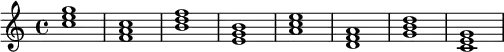 \relative c' {<c'e g>1 <f,a c> <b d f> <e,g b> <a c e> <d,f a> <g b d> <c, e g>}